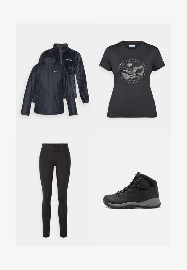 Giacca impermeabile nera con molte tasche con zip, chiusura frontale. Dietro, una giacca in fleece grigio scuro con un motivo testurizzato e colletto alto.; Maglietta nera Columbia con arte lineare bianca di una montagna circolare e un fiume, e il testo "Columbia Sportswear Company Outside Since 1938."; Leggings neri con vita alta, cordino, texture liscia e design aderente. Presentano dettagli di cucitura lungo i lati.; Stivale da trekking nero con design a metà altezza, dotato di una tomaia texturizzata, accenti grigi e suola in gomma resistente con tasselli per la trazione.