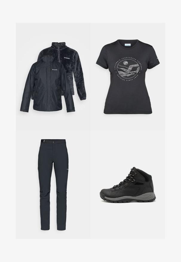Black waterproof jacket with multiple zippered pockets, front closing. Behind, a dark gray fleece jacket with a textured pattern and high collar.; Black Columbia t-shirt with white circular mountain and river line art and text "Columbia Sportswear Company Outside Since 1938."; Men's outdoor pants, dark gray, made from flexible material, featuring a belt, zippered pockets, and reinforced stitching.; Black hiking boot with a mid-top design, featuring a textured upper, gray accents, and durable rubber sole with traction lugs.