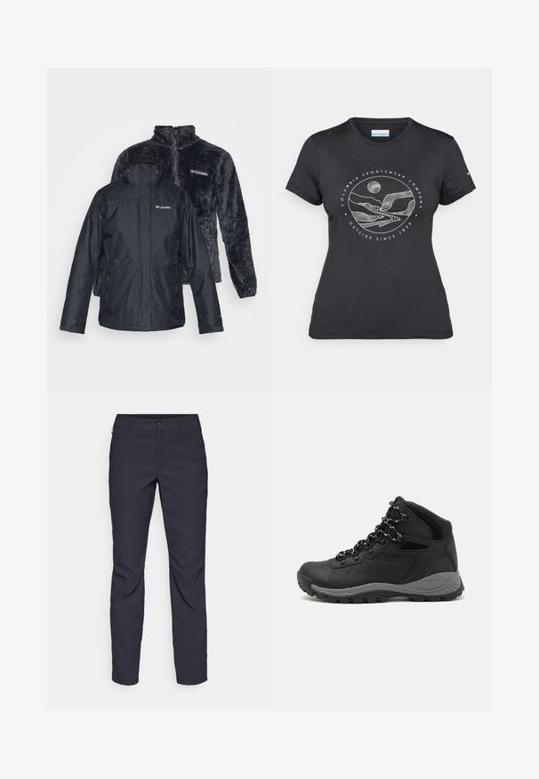 Schwarze wasserdichte Jacke mit mehreren Reißverschlusstaschen und Frontverschluss. Dahinter eine dunkelgraue Fleecejacke mit strukturiertem Muster und hohem Kragen.; Schwarzes Columbia-T-Shirt mit weißer kreisförmiger Berg- und Fluss-Linienkunst und dem Text "Columbia Sportswear Company - Draußen seit 1938."; Marineblaue Hose aus glattem Stoff mit einem vorderen Knopfverschluss, schlankem Schnitt und gefalteten Details an den Knien.; Schwarzer Wanderstiefel mit einem mittelhohen Design, ausgestattet mit einer strukturierten Oberfläche, grauen Akzenten und einer robusten Gummisohle mit Profilstollen.