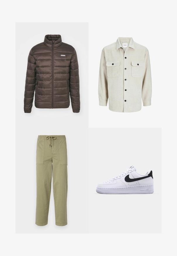 Jack & Jones JJVINCENT PUFFER COLLAR - Mezisezónní bunda - chocolate brown; Bežová flanelová košile s límcem, obsahující dvě náprsní kapsy, černé knoflíky a dlouhé rukávy s zapínáním na knoflíky.; Pantalony světle olivové barvy vyrobené z bavlněné směsi, s elastickým pasem na šnůrku a dvěma velkými bočními kapsami.; Bílé kožené tenisky s texturovaným černým Swooshem, plochými tkaničkami a gumovou podrážkou s drážkovaným vzorem. Na patě je embosováno "AIR".