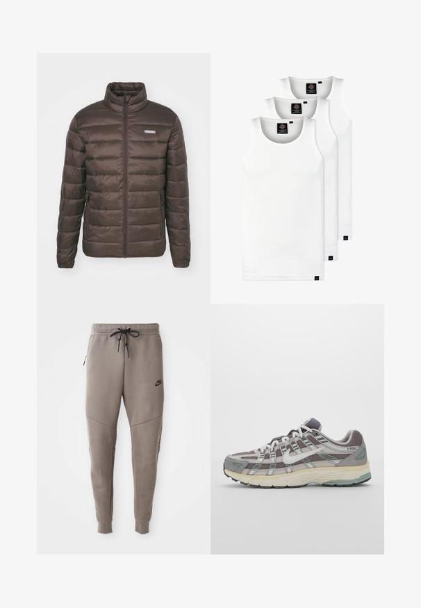 Jack & Jones JJVINCENT PUFFER COLLAR - Giacca da mezza stagione - chocolate brown; Tre canotte bianche a coste in cotone. Presentano un colletto rotondo e piccole etichette nere vicino all'orlo. Disponibile in diverse taglie.; Pantaloni sportivi Nike grigi con cintura regolabile, gambe affusolate, tasche laterali e dettagli di cucitura distintivi. Tessuto morbido e texture.; Scarpa sportiva grigia con tomaia in mesh e suede, dettagli bianchi, suola ammortizzata e un design distintivo con elementi riflettenti.
