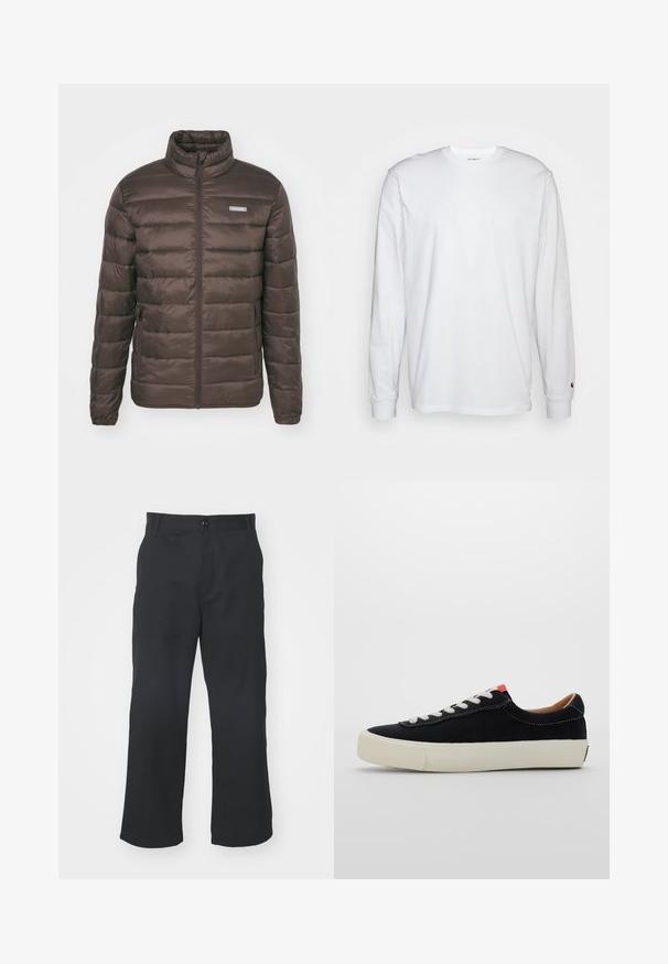 Jack & Jones JJVINCENT PUFFER COLLAR - Lengva striukė - chocolate brown; Balta, ilga rankovė T-maiša, pagaminta iš medvilnės. Apvalios iškirptės dizainas su raukiniais ant rankovių ir nedidelis logotipas ant kairės rankovės. Glotni tekstūra.; Juodos tiesios kojos kelnės, pagamintos iš lygaus audinio, su priekiniais mygtukais ir standartinėmis kišenėmis.; Juodas audinio sportbačių modelis su baltais raišteliais, smėlio spalvos guminiu padu ir raudona akcentu kulne. Apvalus kojų pirštų dizainas ir minimalus siuvimo detalizavimas.