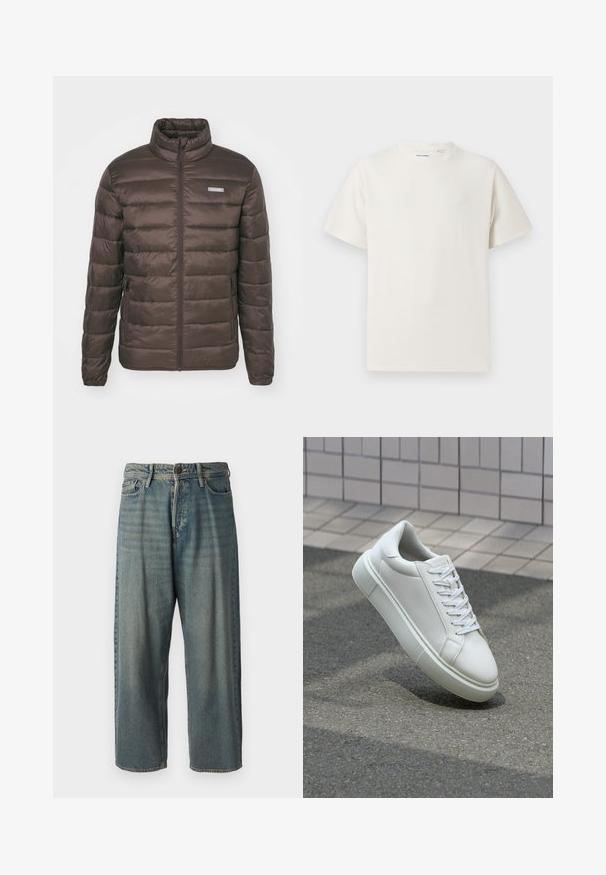 Jack & Jones JJVINCENT PUFFER COLLAR - Könnyű dzseki - chocolate brown; Fehér, rövid ujjú póló bordázott textúrával. Kerek nyakkivágás, laza szabás, nincs látható minta vagy díszítés. Egyszerű és sokoldalú dizájn.; Világoskék farmernadrág, laza fazonnal, közepes derékbőséggel és egyenes szárral. Öt zsebet, övbucskát és gombos záródást tartalmaz.; Fehér bőr sportcipő sima felülettel, kerek orral és lapos fehér fűzőkkel. Texturált gumitalppal és minimális dizájnelemekkel rendelkezik.