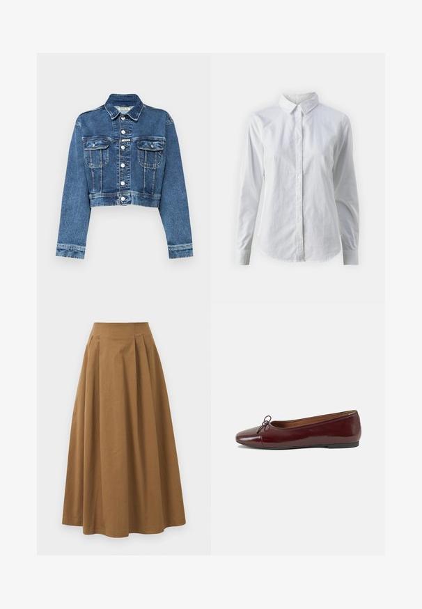 Giacca in denim blu tagliata con tasche frontali, bottoni argentati e un piccolo etichetta del marchio. Presenta un colletto classico e maniche lunghe standard.; Camicia bianca con bottoni, realizzata in cotone liscio, dotata di un colletto classico, maniche lunghe e orlo curvo. I bottoni sono piccoli e bianchi.; Gonna A-line in cotone marrone con vita alta, caratterizzata da pince sulla parte anteriore e una texture liscia. Le finiture dell'orlo sono pulite e semplici.; Ballerine in pelle verniciata bordeaux con punta arrotondata, piccolo fiocco decorativo sulla parte anteriore e suola bassa in gomma nera. Texture liscia.