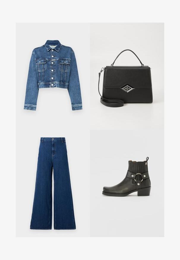 Izrezana plava traper jakna s prednjim džepovima, srebrnim gumbima i malom oznakom logotipa. Ima klasični ovratnik i standardne duge rukave.; Replay SQUARED NECK - Top dugih rukava - red; Replay PANTS - Traperice ravnih nogavica - dark blue; Crne kožne gležnjače s okruglim prstom, rebrastim elastičnim stranama, metalnim prstenastim ukrasom i niskom blok potpeticom.; Crna sintetička torba s strukturiranim dizajnom, gornjom ručkom, odvojivim remenom za rame i srebrnim logotipom u obliku dijamanta sprijeda.