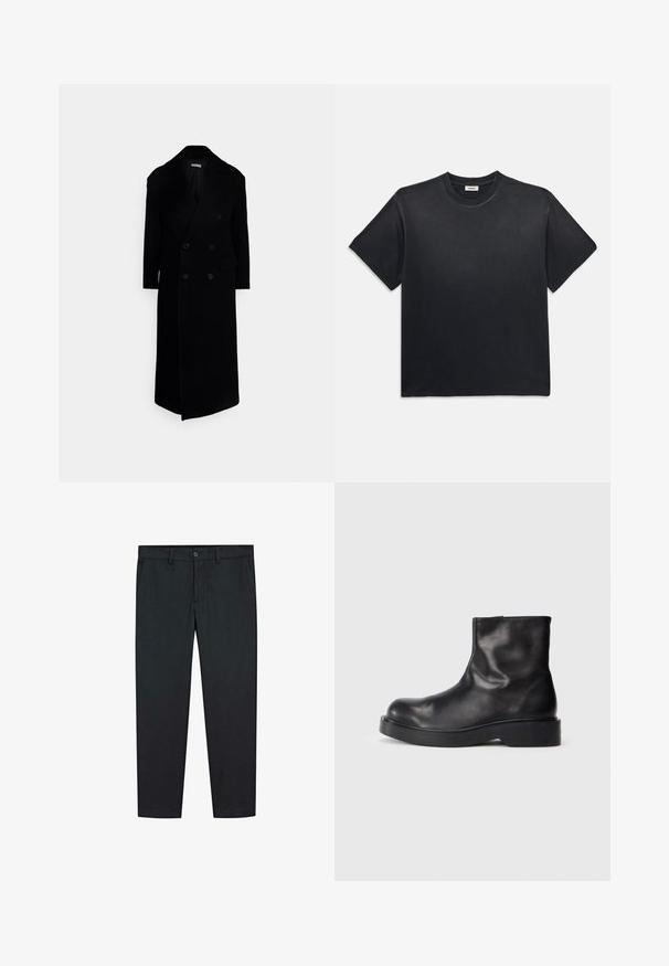 Černý dvouřadý kabát s velkými klopami, dlouhými rukávy a dvěma předními kapsami. Vyroben z texturované vlněné směsi.; Černé bavlněné tričko s kulatým výstřihem a krátkým rukávem. Má uvolněný střih, hladkou strukturu a minimalistický design.; Černé kalhoty se rovnými nohavicemi, vyrobené z hladké látky. Mají dvě přední kapsy a zapínání na knoflík v pase.; Černé kožené kotníkové boty s kulatou špičkou, hladkou texturou a robustní černou gumovou podrážkou. Minimalistický design bez viditelného kovového kování.