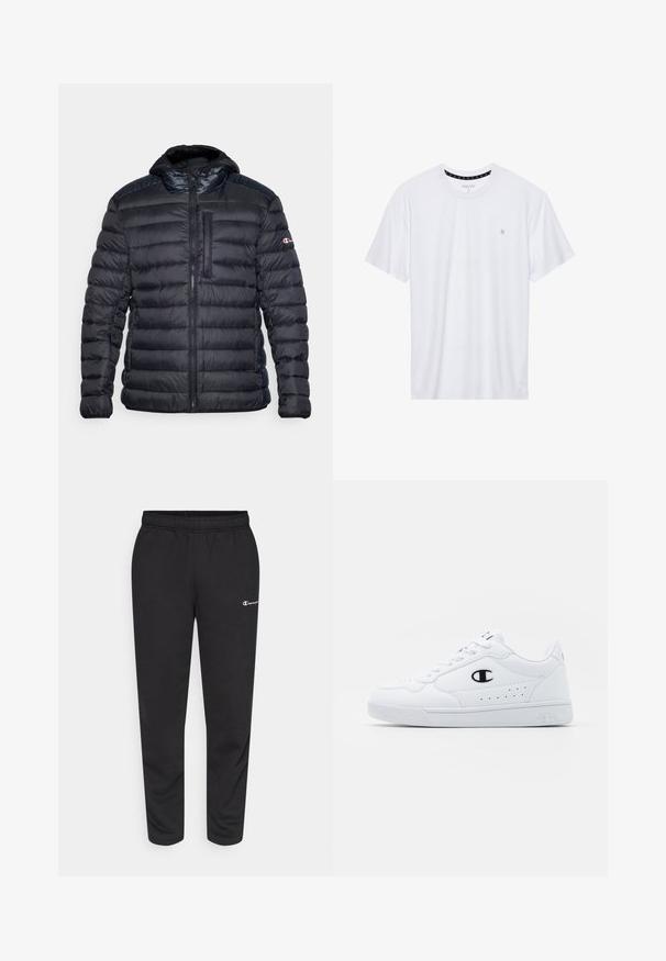 Black puffer jacket with a hood, featuring quilted texture, zip closure, and chest pocket. Accented with fabric on shoulders and logo.; White crewneck t-shirt made of cotton, featuring short sleeves and a small logo embroidered on the left chest area. Soft texture.; Black sweatpants made of cotton blend, featuring an elastic waistband and a small white logo on the left side. Tapered leg design.; White athletic sneakers with a smooth synthetic upper, black logo accent, and perforated detailing on the side. Rubber sole.