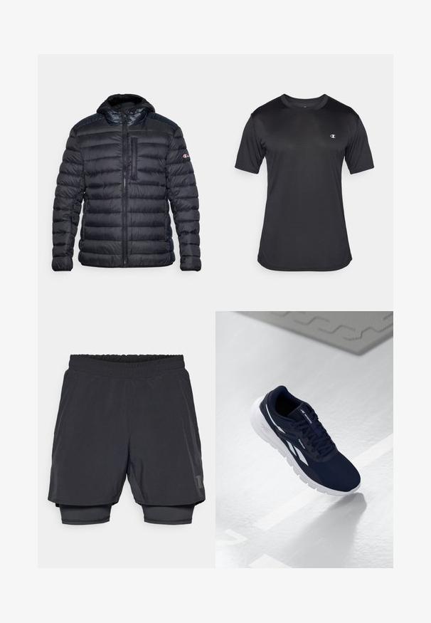 Chaqueta de plumas negra con capucha, con textura acolchada, cierre de cremallera y bolsillo en el pecho. Acabados en tela en los hombros y con logo.; Camiseta deportiva negra de manga corta hecha de un tejido texturizado y transpirable; cuenta con un cuello redondo y un logo en el lado izquierdo del pecho.; Pantalones cortos deportivos negros con una cintura elástica, diseño en capas y un forro interior ajustado. Presentan un logo sutil en el lado inferior.; Zapatilla deportiva de color navy con una parte superior texturizada, detalles en blanco y una suela acolchada. Presenta un diseño de cordones y un logo en la lengüeta.