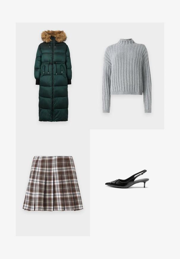 Groene pufferjas met een capuchon met bonttrimming, een cinched taille, lange mouwen, ritssluiting en twee zijzakken. Getextureerd, gestikt ontwerp.; Lichtgrijze chunky gebreide trui met geribd patroon, hoge hals, lange mouwen en een iets cropped pasvorm.; Witte langemouwige button-up shirt in een gladde katoenmix. Voorzien van een klassieke kraag, een knoopsluiting aan de voorkant en afgeronde manchetten.; Bruine en witte geplooide rok met een gestructureerd ontwerp en een frisse textuur, met een hoge taille en meerdere verticale plooien.; Zwarte leren slingback hakken met een spitse neus, kleine kittenhak en een decoratieve knoopdetail aan de voorkant. Smooth textuur overal.