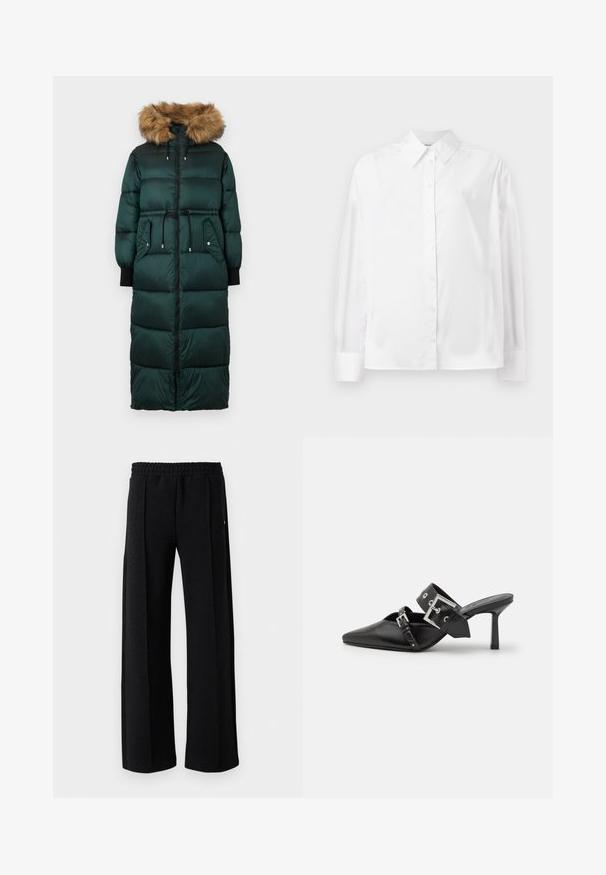 Zelena puhovka s kapuco obrobljeno z krznom, zategnjenim pasom, dolgimi rokavi, zadrgo in dvema stranskima žepoma. Teksturen, quiltan dizajn.; Bela srajca z dolgimi rokavi in gumbi, izdelana iz gladkega bombažnega mešanega materiala. Ima klasičen ovratnik, sprednje zapiranje na gumbe in zaokrožene manšete.; Črne hlače ravnega kroja z elastičnim pasom in diskretnim teksturiranim vzorcem po tkanini na belem ozadju.; Črne visoke mule s koničastim prstom, izdelane iz gladkega usnja. Imajo širok gleženjski trak s kvadratno srebrno zaponko in okraski.