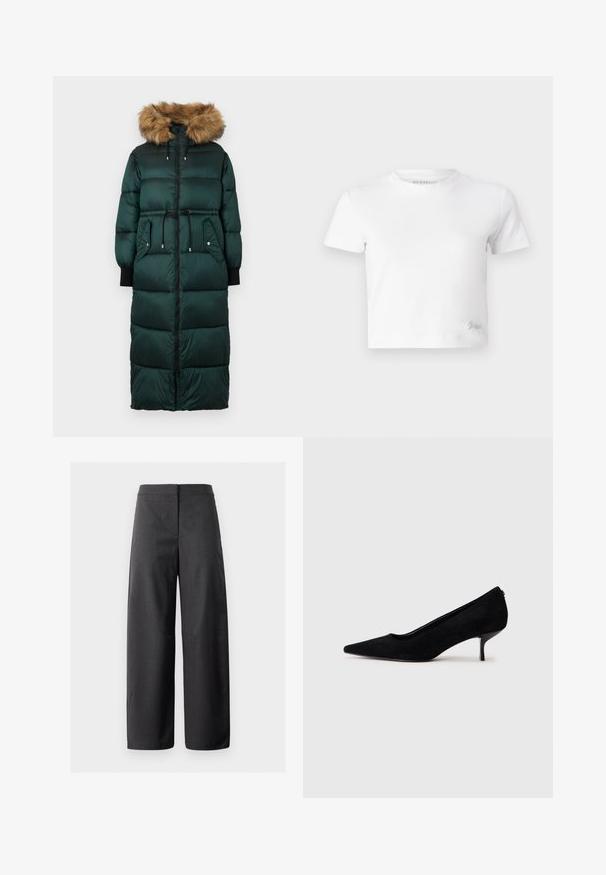 Roheline puffer jope, millel on karvase servaga kapuuts, sisse tõmmatud vöökoht, pikad varrukad, lukuga kinnitamine ja kaks külje taskut. Tekstuuriga, tikitud disain.; Valge lühike t-särk, mis on valmistatud siledast puuvillast, kõrge kaelusega ja lühikeste varrukatega. Väike tikand logoga alumises nurgas.; Laiene sääred tumergraeustes riietes, millel on tasane eesmine osa, sile tekstuur ning nähtamatud taskud või kaunistused.; Must musta kõrge kontsaga king, millel on terav varvas ja õhuke, madal konts. Sile tekstuur ja sujuv disain, ilma nähtava riistvarata.