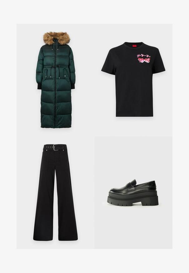 Zelená péřová bunda s kapucí lemovanou kožešinou, stáhnutým pasem, dlouhými rukávy, zipovým zapínáním a dvěma bočními kapsami. Texturovaný prošívaný design.; Černé bavlněné tričko s krátkými rukávy, které má na levé straně hrudi růžovou grafiku slunečních brýlí a text "Nejsem tvoje holka".; Černé široké kalhoty vyrobené z bavlny, s vysokým pasem, velkými bočními kapsami a opaskem s kovovými akcenty v barvě stříbra.; Černé kožené loafers s robustní platformovou podrážkou. Kulatá špička, přední šev a jemné akcenty prošití. Plochá, texturovaná podrážka.