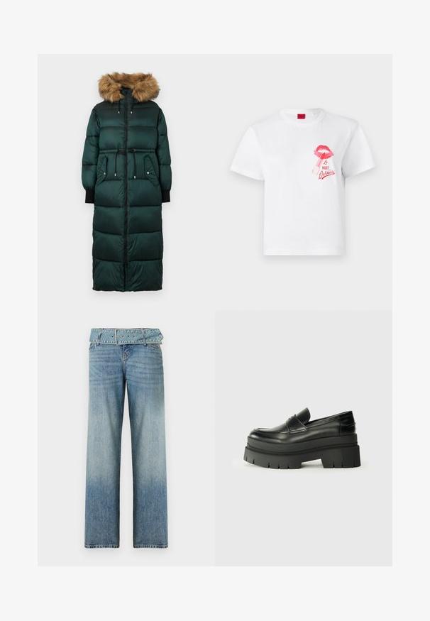 Grøn pufferjakke med hætte i pelskant, indsnøret talje, lange ærmer, lynlås-lukning og to sidelommer. Struktureret, quiltet design.; Hvid bomulds t-shirt med korte ærmer, prydet med et pink læbertryk og en grafisk af læbestift, sammen med teksten "La Nuit Devious."; Lyseblå denim jeans med et vidde-ben design, der har en matchende bælte-linning og en gradvis falmning fra mørk til lys.; Sorte læder loafers med en kraftig platformsål. Rund tå, forkant-søm detalje og subtile syninger. Flad, struktureret ydersål.