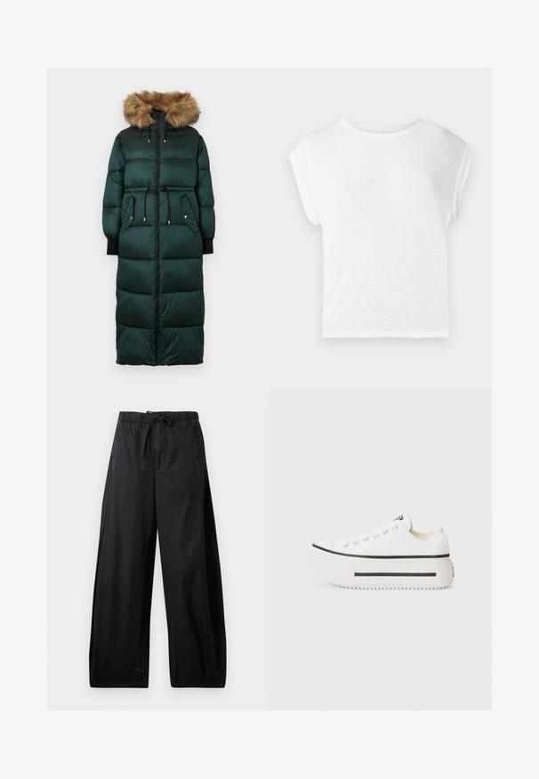 Zelena puhovka s kapuco obrobljeno z krznom, zategnjenim pasom, dolgimi rokavi, zadrgo in dvema stranskima žepoma. Teksturen, quiltan dizajn.; Bela kratka majica s kratkimi rokavi in okroglo ovratnikom. Mehka, lahka tkanina, sproščen kroj, s kapučinom in ravnim robom.; Črne, lahke, hlače z elastiko v pasu in vrvico, s sproščenim krojem in gladko teksturo. Brez vidnih vzorcev ali opreme.; Beli platvormski tenisi iz platna z črnim gumijastim čevljem, okrogla konica in kovinske luknje, ki se ponašajo s preprostim, čistim dizajnom.