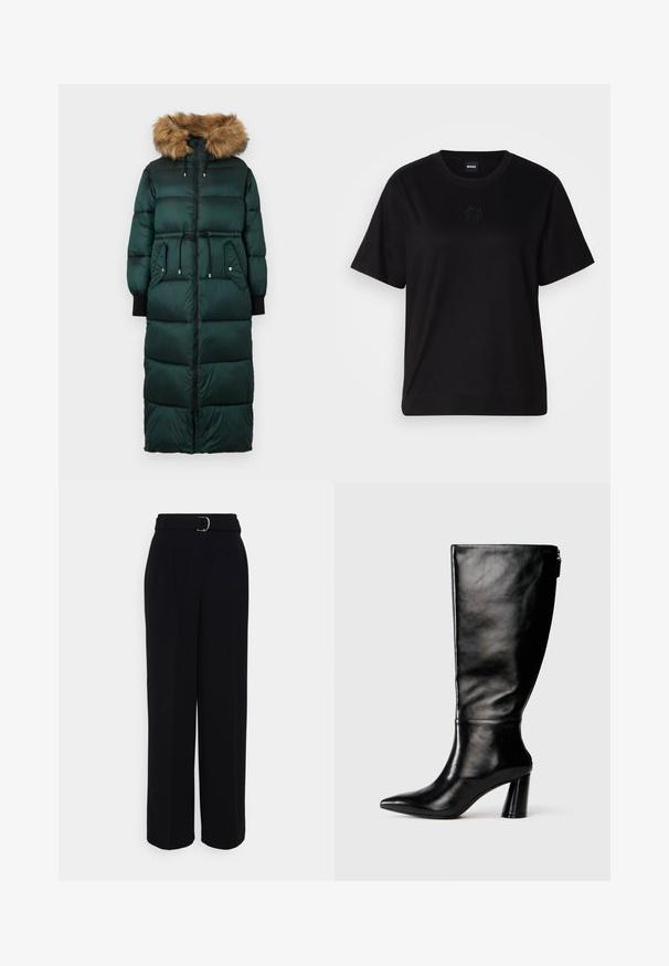 Grön puffjacka med en huva med pälsdetalj, åtsittande midja, långa ärmar, dragkedjestängning och två sidofickor. Marmorerad, vadderad design.; Svart bomullströja med rund halsringning, korta ärmar och en broderad logotyp på bröstet. Enkel, avslappnad passform utan mönster.; Svarta skräddarsydda byxor med vida ben, utrustade med ett bälte med silverfärgad spänne, veck och en slät tygstruktur.; Knä-höga svarta läderstövlar med spetsig tå, slät yta och kraftig klack. Har en dragkedjedetalj på baksidan.