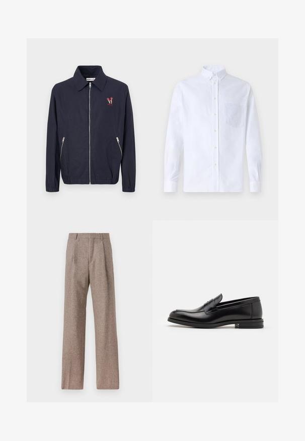 Námořnicky modrá lehká bunda s dlouhými rukávy, zipovým uzávěrem, bočními kapsami a červeným vyšitým logem na levé hrudi.; Biely dlhý rukáv košeľa s gombíkmi vyrobená z bavlny, s náprsného vrecka s tonálnou výšivkou, golierom a gombíkovými manžetami.; Hnedé, vysoké nohavice vyrobené z texturovanej látky. Majú široké nohavice a dva predné záhyby pre štruktúru. Úhľadné spracovanie bez viditeľného kovania.; Čierne kožené mokasíny s hladkou textúrou, zaoblenou špičkou a dekoračným pásikom cez priehlavok. Nízky vrstvený opätok, minimalistický dizajn.
