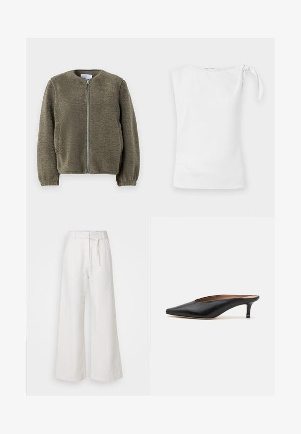 Fleecejakke i olivengrøn, med rund krave, frontlynlås, elastiske manchetter og tekstureret stof med en blød finish.; Hvid ærmeløs top med en asymmetrisk halsudskæring og en knude detalje på venstre skulder, lavet af et glat, let stof.; DAY Birger et Mikkelsen TERRI SOLID - Bukser - cloud cream; Sorte lædermules med spidse tæer og lav, firkantet hæl. Glat tekstur med et slankt design. Åben bag med minimal udsmykning.