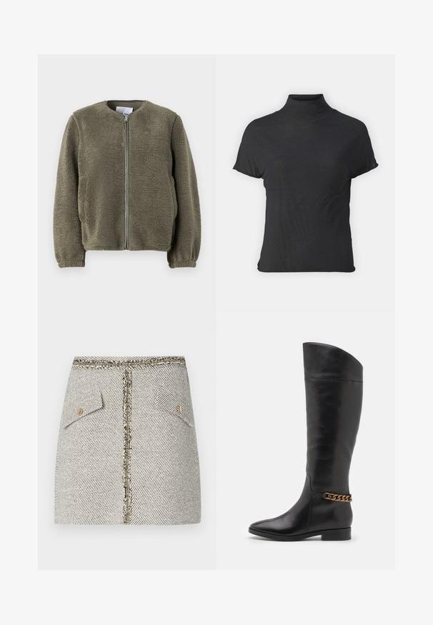 Fleece jacket in olive green, featuring a round collar, front zipper, elastic cuffs, and textured fabric with a soft finish.; Black short-sleeve turtleneck top made of lightweight fabric with a smooth texture and a fitted shape, featuring a high neckline.; Woven tweed skirt in white and black herringbone pattern, features two front pockets and a gold-tone zipper at the back with frayed edges.; Tall black leather boots with a sleek design, pointed toe, and a gold chain accent at the ankle. Low block heel. Smooth texture.