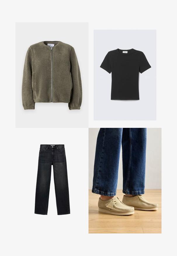 Jachetă din fleece în verde oliv, cu un guler rotund, fermoar frontal, manșete elastice și țesătură texturată cu un finisaj moale.; Tricou negru cu mâneci scurte, realizat din bumbac moale, cu guler rotund și croială regulară, fără modele sau accente vizibile.; Blugi negri cu picioare largi din denim. Au cinci buzunare, un fermoar cu închidere prin buton și o ușoară decolorare pe față.; Pantofi din suede bej cu vârfuri rotunde și un profil jos. Prezintă un design cu șireturi și accente cusute. Purtați cu blugi decupați albaștri.