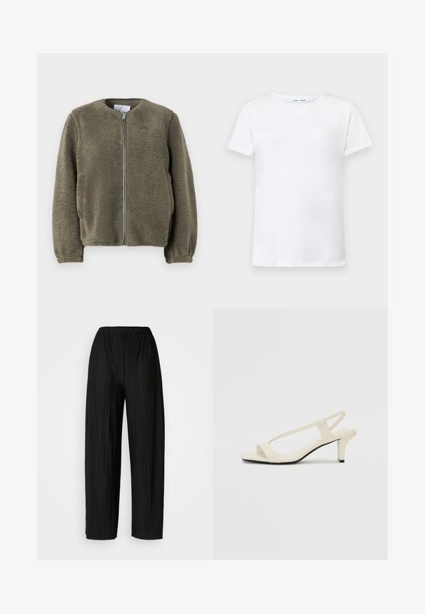 Giacca in pile verde oliva, con colletto rotondo, zip frontale, polsini elasticizzati e tessuto testurizzato con una finitura morbida.; T-shirt bianca a maniche corte in cotone con design a girocollo. Tessuto liscio e taglio dritto, senza motivi o accenti.; Pantaloni neri a gamba larga plissettati con vita elastica. Il tessuto presenta pieghe verticali e una consistenza liscia.; Sandali con tacco a blocco beige, con sottili cinturini e punta quadrata. Materiale liscio con dettagli minimi, progettati per un facile utilizzo.