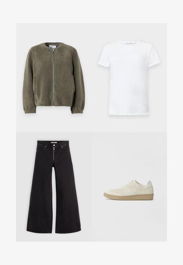 Veste en polaire vert olive, avec un col rond, une fermeture éclair sur le devant, des poignets élastiques et un tissu texturé avec une finition douce.; T-shirt blanc à manches courtes en coton avec un col ras du cou. Texture lisse et coupe droite, sans motifs ni accents.; Jean large en denim noir avec une fermeture éclair à l'avant, un design à cinq poches et des détails de couture subtils. Texture lisse et style décontracté.; Baskets en daim beige avec un design texturé, semelle en caoutchouc plate et couture latérale distincte. Bout arrondi et col rembourré.