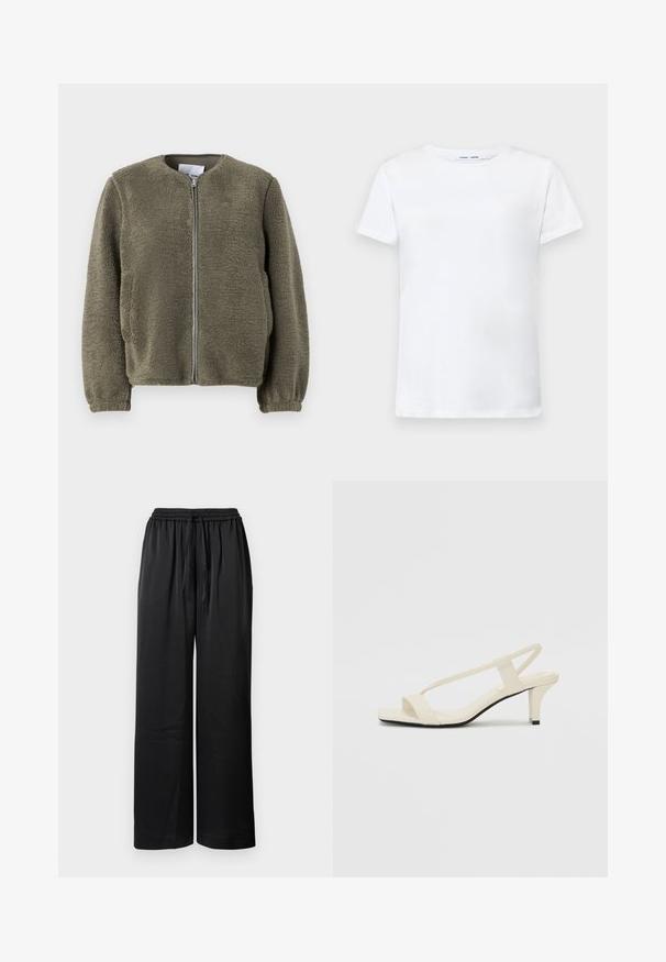 Fleece jacket in olive green, featuring a round collar, front zipper, elastic cuffs, and textured fabric with a soft finish.; White short-sleeve t-shirt made of cotton with a crew neck design. Smooth texture and straight cut, no patterns or accents.; Black wide-leg trousers with an elastic waistband, drawstring closure, and smooth texture. Features a loose fit for comfort and mobility.; Beige block-heeled sandals with thin straps and a square toe. Smooth material with minimal detailing, designed for easy wear.
