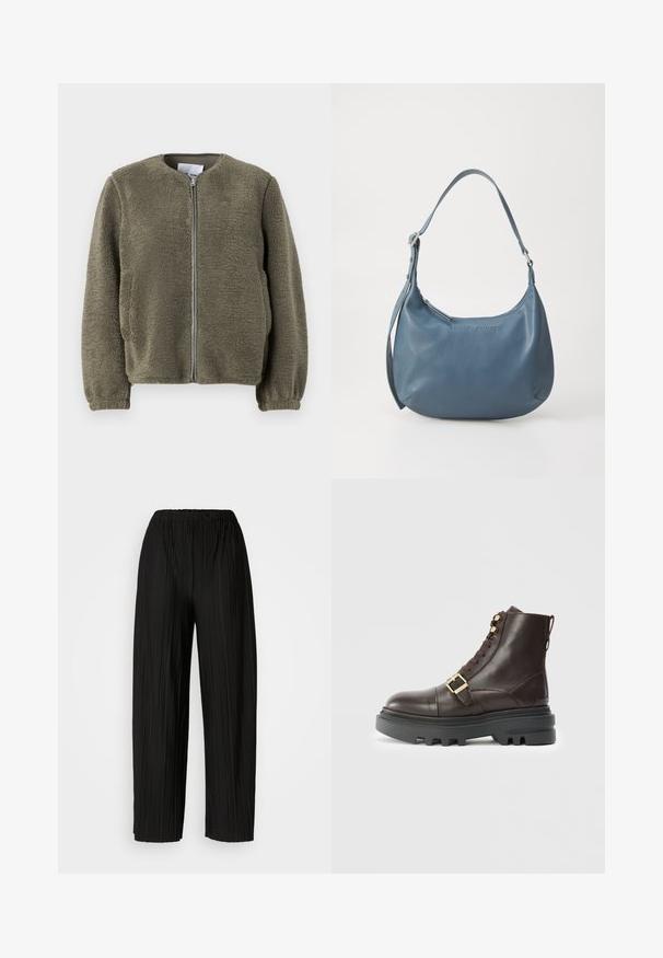 Vilnas jaka olīvzaļā krāsā ar apaļu apkakli, priekšējo rāvējslēdzēju, elastīgām piedurknēm un teksturētu audumu ar mīkstu apdari.; Melna īsām piedurknēm T-kreklu, kas izgatavots no mīksta kokvilnas, ar apļveida kakla izgriezumu, brīvu piegriezumu un gludu tekstūru. Nav redzamu rakstu vai grafikas.; Melni plaši svārki ar krokām un elastīgu jostu. Audumam ir vertikālas krokas un gluda tekstūra.; Brūnas ādas potītes zābaki ar masīvu melnu zoli, auklām, zelta aparatūras akcentiem un siksnas sprādzes detaļu ap vidus pēdu.; Zila ādas rokassoma ar noapaļotu formu, vienu plecu siksnu, ar rāvējslēdzēju aizdari un iegravētu zīmola nosaukumu priekšpusē. Gluda tekstūra.