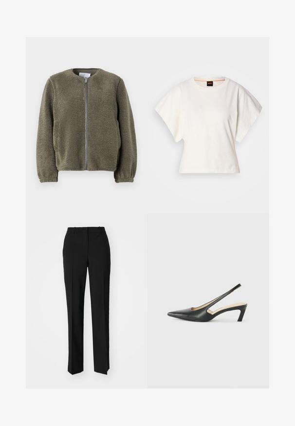 Olive roheline fliisjakker, millel on ümar krae, eesmüts, elastsed mansetid ja tekstuuriga kangas pehme viimistlusega.; Valge lühikeste laiadte varrukatega lühike T-särk, pehme puuvillane materjal, ümar kaelus kergelt oranži ääristusega, minimaalne disain, ilma mustrite ja graafikateta.; Mustad ja sirged püksid, millel on sile tekstuur ja teravad voldid esiosas. Ilma nähtavate detailideta.; Must mustaga, terav varvas, madala kontsaga sildiga king, mis on valmistatud siledast nahast ja mille küljel on lõike disain hingavuse tagamiseks.