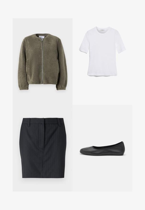 Fleece jacket in olive green, featuring a round collar, front zipper, elastic cuffs, and textured fabric with a soft finish.; White short-sleeve t-shirt made of ribbed fabric. Round neckline, regular fit, and subtle stitching details. No patterns or graphics.; Black pinstripe tailored skirt with belt loops and concealed front closure, displayed against a white background.; Black leather ballet flat with a rounded toe, smooth texture, minimal stitching detail, and a flexible sole design.