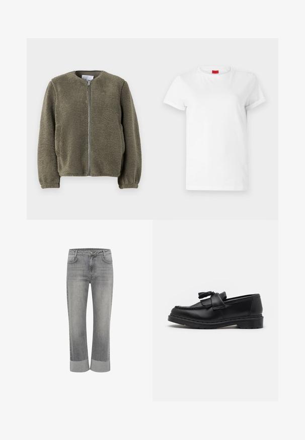 Fleecejack in olijfgroen, met een ronde kraag, een ritssluiting aan de voorkant, elastische manchetten en een textuurstof met een zachte afwerking.; Witte T-shirt met korte mouwen, gemaakt van lichtgewicht katoen. Heeft een ronde hals en opgerolde mouwen. Rode merketiket op de kraag.; Grijze denim jeans met een straight-leg ontwerp, voorzien van een omgevouwen zoom. Klassieke vijf-pocket stijl en een knoopsluiting aan de voorkant.; Zwarte leren instapper met een franjesaccent, gestikte details langs de rand en een dikke rubberen zool voor duurzaamheid.