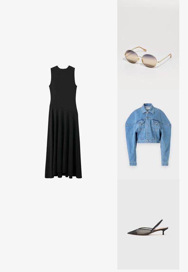 Vaaleansininen lyhyt denim-takki, jossa on pitkät hihat, nappisuljenta, kaksi läpällistä rintataskua ja kaulus, suunniteltu Viktor & Rolfilta.; Musta hihaton maxi-mekko, jossa on tiukka yläosa ja levenevä helma. Mekossa on sileä pinta ja minimalistinen muotoilu ilman näkyviä kiinnityksiä.; NEOUS IRENA - Avokkaat - black; Kultaiset metalliset aurinkolasit, joissa on suuret pyöreät kehykset, liukuväriset linssit ruskeasta beigelle, ja brändätyt templet, joissa lukee "Chloé."; Musta nahkakäekott struktureeritud ristküliku kujuga. Varustatud kuldse ovaalse lukuga ja õhukese õlalindiga. Sile tekstuur.