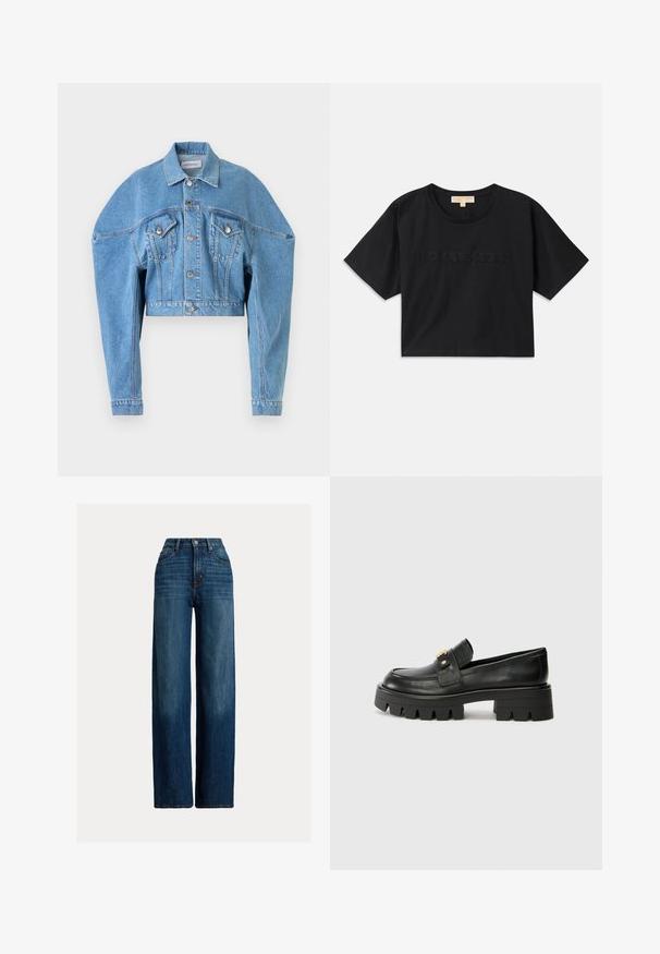 Svijetloplava skraćena traper jakna dugih rukava, s dugim gumbima sprijeda, dva preklopna džepa na prsima i ovratnikom dizajna Viktora i Rolfa.; Crna kratka majica od pamuka. Ima okrugli izrez i kratke rukave. "MICHAEL KORS" izvezena u boji koja odgovara na prednjoj strani.; Široke traperice u tamnoplavoj boji. Imaju visoki struk, zatvaranje na dugme i klasičan dizajn s pet džepova. Glatka tekstura s suptilnim izbljeđenjem.; Crne kožne loafersice s debelim potplatom, s zlatnim akcentom sprijeda i glatkim završetkom. Debeli uzorak na potplatu.