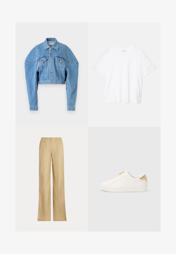 Šviesiai mėlynas apkarpytas džinsinis švarkas su ilgomis rankovėmis, mygtukų priekyje, dviem kišenėmis su užklotais ant krūtinės ir apykakle, sukurtas Viktor & Rolf.; Balta medvilnės marškinėliai trumpomis rankovėmis, apvalia iškirpte, laisvo kirpimo ir su siūtu kraštu. Etiketė matoma vidinėje iškirptės pusėje.; Kreminės spalvos plačios kojos kelnės, pagamintos iš lygaus medvilnės, su klasikiniu juosmeniu ir užpakaline kišenėle, tiesiu kirpimu ir minimaliu dekoru.; Baltos lengvai užsidedamos sportbačiai iš lygios odos, su auksiniu užtrauktuku ir akcentu ties kulnu, turinčiu tekstūruotą paviršių bei šone įspaustu logotipu.