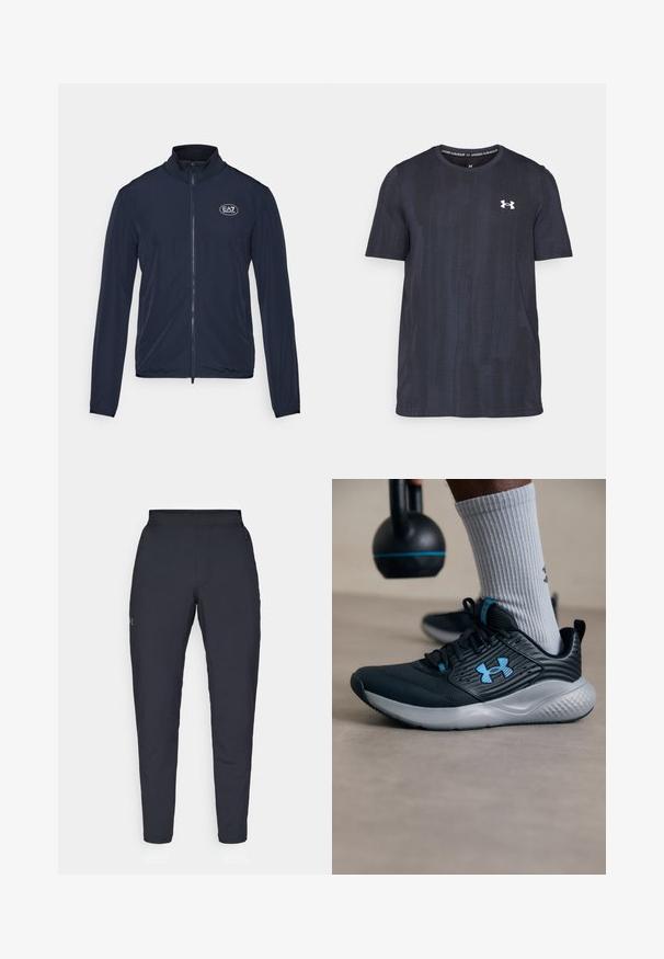 Morska zip-up jakna s visokim ovratnikom, izrađena od glatkog materijala. Ima EA7 logo na prsima i elastične manžetne na rukavima.; Tamno mornarska kratka majica od prozračnog materijala s teksturiranim uzorkom i bijelim Under Armour logotipom na prsima.; Crne sportske hlače s glatkom teksturom, uskih krojeva, elastičnim pojasom i bočnim džepovima. Imaju mali logo na lijevom bedru.; Crne atletske cipele s plavim akcentima, teksturirani gornji dio i sivi đon. Nosi se s sivim rebrastim čarapama, pored crnog kettlebella.