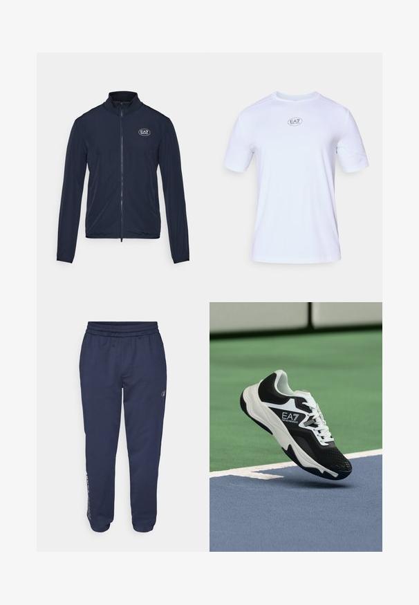 Soojad sinised jakid, millel on kõrge kaelus, valmistatud siledast kangast. Rinnal on EA7 logo ja varrukatel elastsed mansetid.; Valge lühikeste varrukatega spordisärk, mis on valmistatud kergest, hingavast puuvillaste võrkkangast. Omab ümmargust kaelust ja ümarat EA7 logo rinnal.; Tumesinised dressipüksid pehmest kangast, millel on nööriga vöökoht, küljetaskud ja logo trükitud vasaku sääre peale.; Mustvalge EA7 Emporio Armani tossu ripub siniste ja roheliste tenniseväljakute joonte kohal.