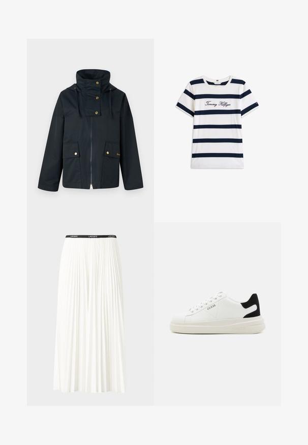 Jachetă impermeabilă de culoare bleumarin închis, cu guler înalt, accesorii aurii, două buzunare frontale și fermoar. Materialul pare neted și durabil.; Tricou din bumbac cu dungi orizontale bleumarin pe un fundal alb. "Tommy Hilfiger" brodat în stil cursiv pe piept. Decolteu rotund.; Fustă plisată albă cu un brâu elastic negru, având logo-ul "LACOSTE". Design de lungime medie, cu textură moale.; Adidași din piele albă cu o talpă groasă albă, accent de călcâi din suede negru și logo embosat pe lateral. Design cu șireturi și șase orificii.