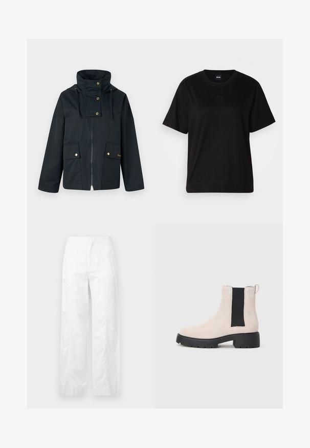 Dark blue waterproof jacket with high collar, gold hardware, two front pockets, and a zipper. Material appears smooth and durable.; Black cotton t-shirt with a crew neckline, short sleeves, and an embroidered logo on the chest. Simple, relaxed fit with no patterns.; White wide-leg trousers made of lightweight fabric, featuring a smooth texture, clean lines, and a high waist design.; Beige suede Chelsea boot with black elastic side panel, chunky black sole, and pull tab at ankle.