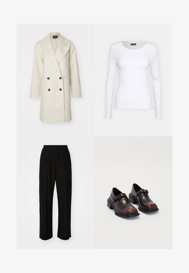ONLY ONLBLAKE OVERSIZE COAT - Classic coat - moonbeam melange; White ribbed long-sleeve top with a round neckline. Made from a stretchy fabric that hugs the body. Features subtle horizontal lines.; Black, wide-leg pants with white vertical pinstripes, featuring an elastic waistband for comfort and a smooth, soft texture.; Leather block-heeled shoes with a shiny dark burgundy finish, featuring a buckle strap and rounded toe design. Textured outsole for grip.