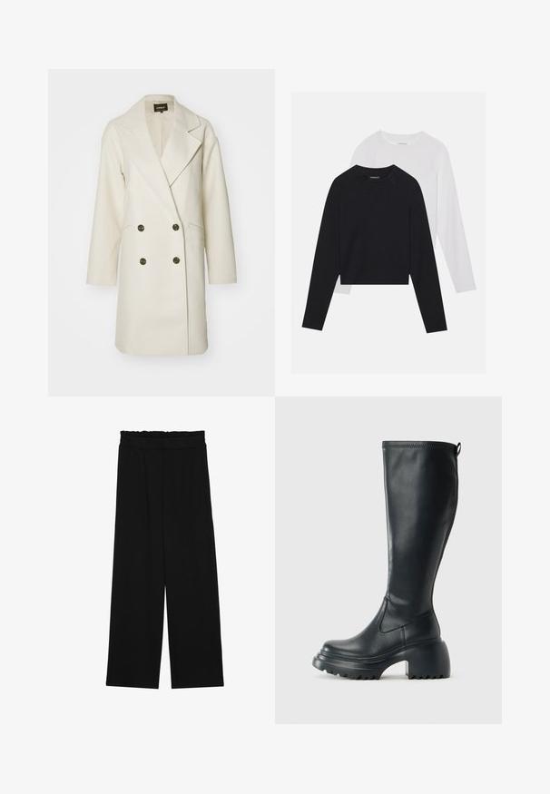 ONLY ONLBLAKE OVERSIZE COAT - Manteau classique - moonbeam melange; Deux chemises à manches longues : une noire et une blanche. Les deux présentent un col rond, des manches raglan et un tissu doux en mélange de coton.; Pantalons larges noirs à taille volante, dotés de deux poches latérales et d'un tissu lisse et léger. Pas de motifs ni de matériel visible.; Botte en cuir noir haute avec semelle plateforme épaisse et talon carré, dotée d'une languette et d'un motif texturé sur la semelle extérieure.