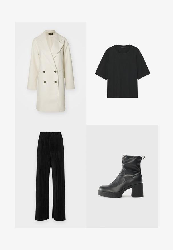 ONLY ONLBLAKE OVERSIZE COAT - Klassischer Mantel - moonbeam melange; Schwarzes kurzärmliges T-Shirt aus Baumwolle. Verfügt über einen Rundhalsausschnitt, einen lässigen Schnitt und einen sauberen Saum ohne sichtbare Muster oder Beschläge.; Schwarze plissierte Hose mit elastischem Bund. Verfügt über weite Hosenbeine und einen glatten, strukturierten Stoff mit vertikalen Streifen.; Schwarze Stiefeletten aus glattem Leder mit seitlichem Reißverschluss, klobigem strukturiertem Absatz und runder Zehenform.