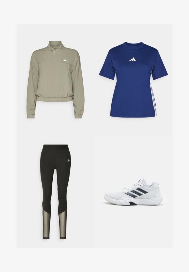 adidas Performance AEROREADY TRAIN ESSENTIALS QUARTER ZIP - Tréning dzseki - silver pebble; Tengerészkék, rövid ujjú pamut póló magas nyakkal, fehér logóval és kontrasztos fehér oldalcsíkokkal.; Fekete sport leggings, magas derékkal, hálós díszítéssel az alsó lábszárakon és hímzett logóval a csípőn.; Fehér sportcipő, hálós felsőrésszel, az oldalon három fekete csíkkal, textúrázott részletekkel és egy tartós gumi talppal, amelynek ellentétes fekete szakasza van.