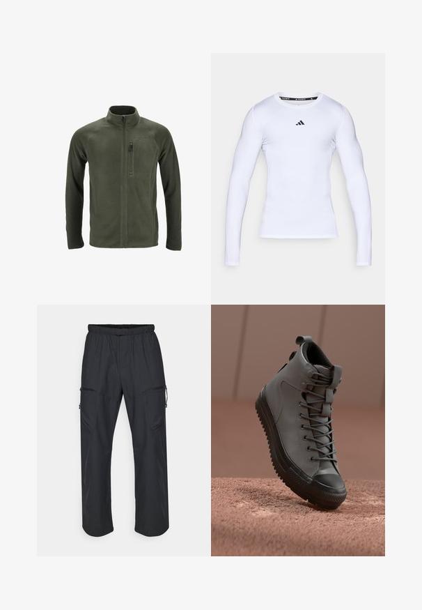 Giacca in fleece verde oliva con colletto alto, zip frontale completa e tasca con zip sul lato sinistro del petto. Presenta maniche raglan e texture liscia.; Maglietta sportiva bianca a manica lunga realizzata in tessuto elasticizzato, con scollatura rotonda e logo Adidas nero sul petto.; Pantaloni cargo neri con vita elastica, due tasche con zip e una texture di tessuto leggera e liscia.; Sneaker alta in pelle grigia con finitura testurizzata, punta in gomma nera e lacci grigi. Presenta una linguetta sul tallone.