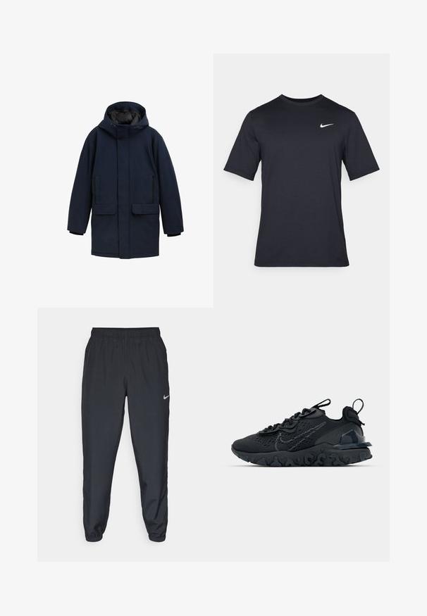 TOM TAILOR DENIM MIT KAPUZE - Téli kabát - sky captain blue; Fekete, rövid ujjú Nike póló sima anyagból, fehér swoosh logóval a bal felső oldalon, kerek nyakkivágással.; Fekete sportnadrág könnyű anyagból, rugalmas derékkel és bokacsatokkal, a bal oldalon egy diszkrét Nike logóval.; Fekete sportcipő légáteresztő hálós felsőrésszel, texturált részletekkel és hullámos gumitalppal. Ráfókuszál a fényvisszaverő logóra és a fűzőrendszerre.