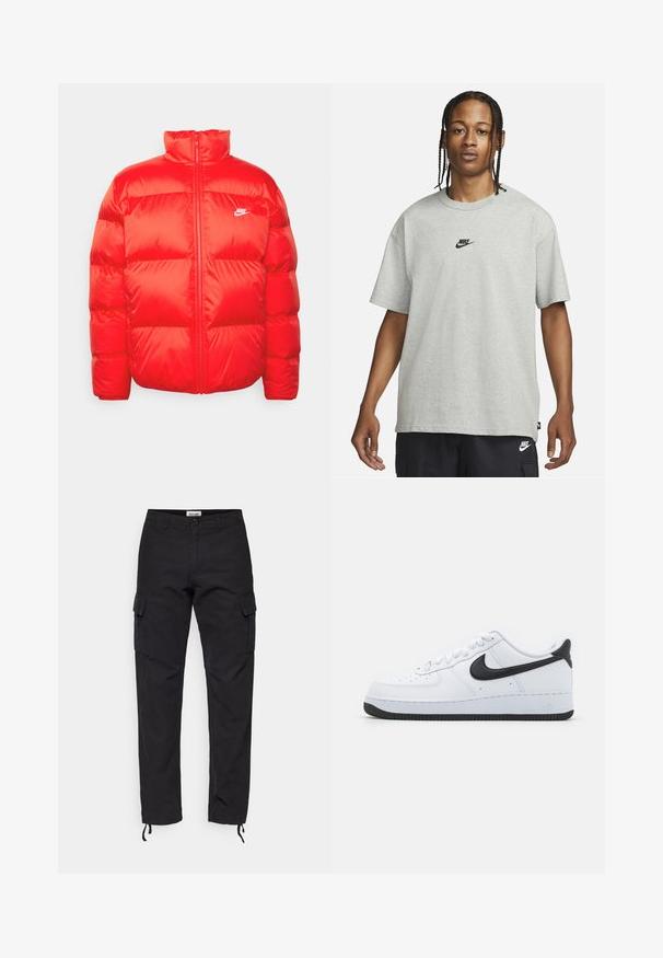 Nike Sportswear CLUB PUFFER - Talvejope - university red/white; Noor, kellel on punutud juuksed, kannab heledat halli Nike T-särki ja musti Nike lühikesi pükse,neutraalset valget tausta vastu.; Mustad mustad püksid, mis on valmistatud vastupidavast kangast, küljetaskudega, kitsas lõikega ja reguleeritavate mansettidega pahkluude juures.; Valged nahast spordijalatsid musta Nike Swooshi, ümmarguse toe disain, nöörilised esiosad, tekstuuriga must kummitald ja "Air" kuule tähistatud kanna peal.