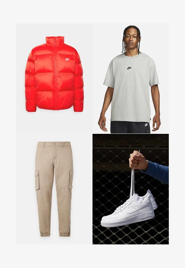 Nike Sportswear CLUB PUFFER - Ziemas jaka - university red/white; Jaunietis ar pītām matēm, kas valkā gaiši pelēku Nike T-kreklu un melnas Nike šortus uz vienkārša balta fona.; Bežīgas cargo bikses izgatavotas no viegla kokvilnas materiāla. Tām ir elastīgas aproces, vairākas sānu kabatas un pogu aizdare.; Baltas ādas sporta apavi ar perforācijām, apaļu purngali, plakanu zoli un biezām šņorēm, ar redzamu swoosh logo un vārdu "AIR" uz papēža.