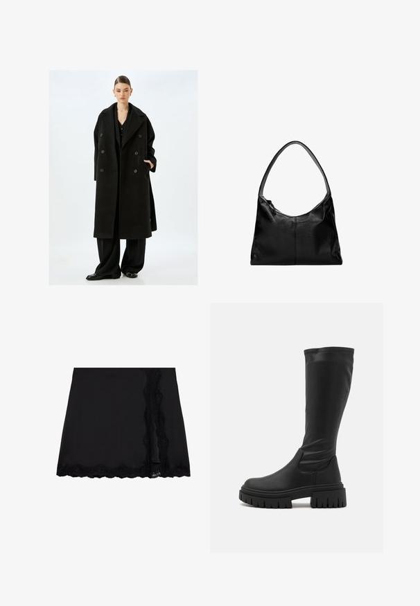 Cappotto in lana nera con design doppiopetto, ampi rever e dettagli con bottoni. Presenta una vestibilità comoda e tasche laterali.; Calliope Maglione - noir; Even&Odd Minigonna - black; Even&Odd Stivali con plateau - black; Borsa a spalla in pelle nera con una texture liscia, una parte superiore curva e una sola tracolla. Presenta una chiusura con zip e un design minimalista.