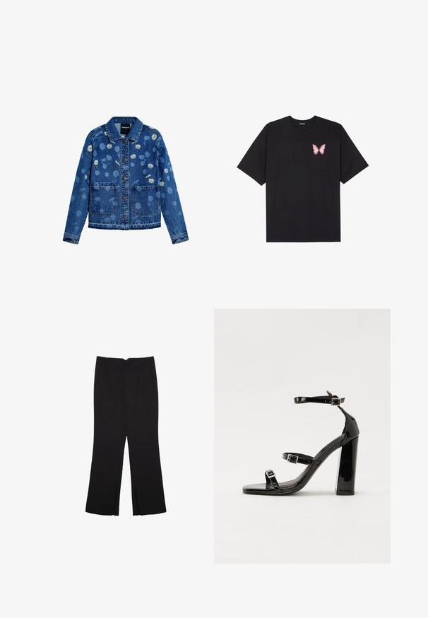 Plava traper jakna s cvjetnim vezom, uključujući tratinčice i druge uzorke. Ima klasičan ovratnik, dva prednja džepa i zatvaranje na gumbe.; Crna pamučna majica s kratkim rukavima, s malim grafičkim prikazom ružičaste vjetricaste s desne strane na prsima. Dizajn s okruglim izrezom i opuštenim krojem.; Crne hlače ravnog kroja, s prednjim džepovima i bočnim prorezima na rubu. Izrađene od mekog i glatkog materijala. Pogodne za razne prigode.; Crne lakirane sandale na pete sa kvadratnim nosom, trakama oko gležnja i srebrnim kopčama. Imaju čvrst blok petu za stabilnost.