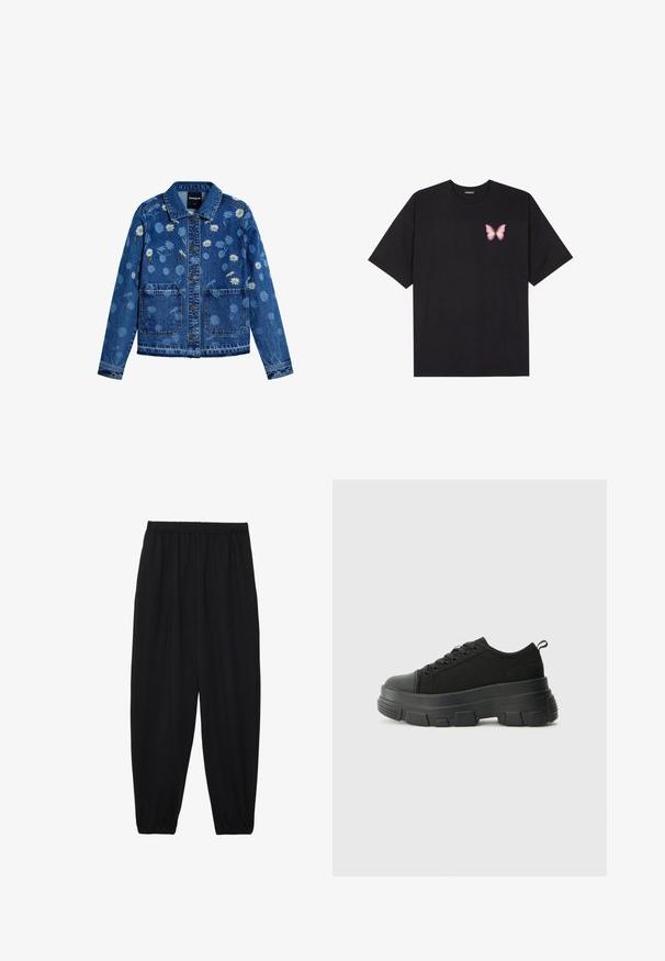 Sinine denim jope lille tikandiga, sealhulgas karikakrad ja muud mustrid. Omab klassikalist kraed, kahte eesmist taskut ja nööpidega sulgemist.; Must muströöpidega must puuvillane T-särk, vasakul rinnal on väike roosa liblikas. Ümar kaelus ja vabalt istuv lõige.; Mustad, kerge kangas püksid elastse vöökoha ja kokku volditud pahkluudega. Kanga pind on sile ja disain on lõdvestunud, kitsenev.; Mustad mustad mustikad, millel on tugev kummist põhi, tekstuuriga kangast pealis, ümar varvas ja seotud disain. Omab tugevdatud silmuseid ja tagumist tõmbeotsta.