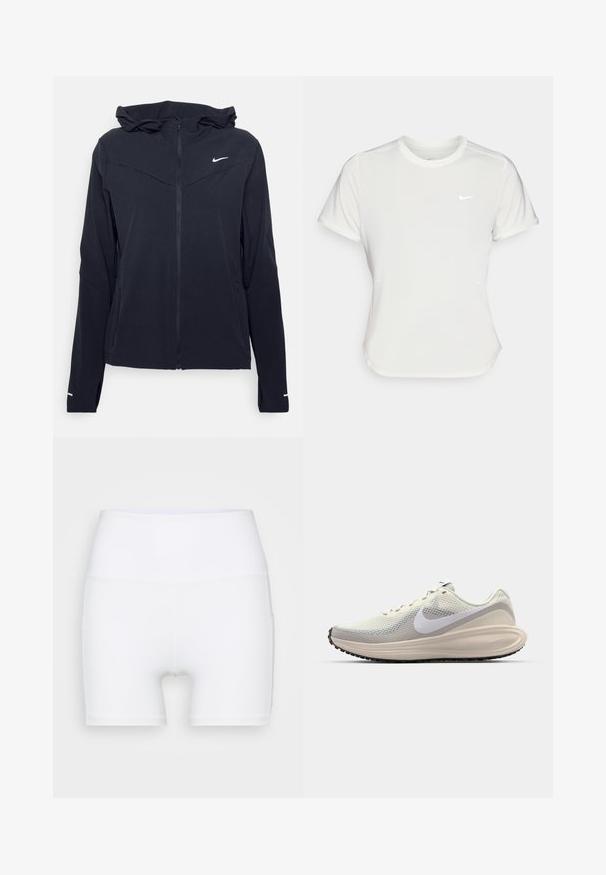 Nike Performance SWIFT - Løpejakke - black/reflective silver; Nike T-skjorte i hvit, kortermet, rund hals, laget av et glatt og lett materiale. Har en subtil logo på brystet.; Hvite høyt midjeforfatne shorts laget av stretch-stoff. Har en jevn tekstur og en tettsittende design, uten ekstra mønstre eller utstyr.; Sko med lys grå mesh-overdel, hvit Nike swoosh, polstret mellomsåle, slank form og svart gummisåle med mønster.