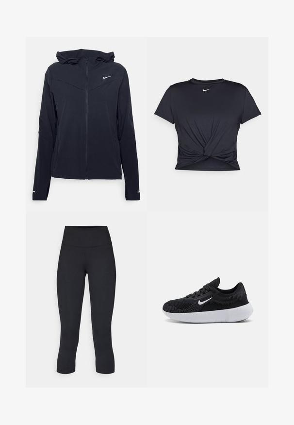 Nike Performance SWIFT - Striukė bėgimui - black/reflective silver; Juodas sportinis marškinėlis, pagamintas iš lygios medžiagos, su surišta priekiu ir mažu baltu Nike logotipu ant krūtinės.; Juodos apkarpytos legginsai, pagaminti iš tamprios medžiagos, su aukšta juosmens linija ir glotnia tekstūra, be matomų raštų ar detalių.; Juodos sportinės bateliai su tinklelio viršumi, tekstūruotu dizainu, apvalia nosimi, balta guma šonine dalimi ir Nike logotipu šone.